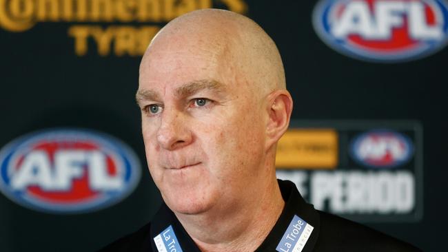 MELBOURNE, AUSTRALIA - OCTOBER 09: Graham Wright, GM of Football of the Magpies speaks with media during the 2023 Continental Tyres AFL Trade Period at Marvel Stadium on October 09, 2023 in Melbourne, Australia. (Photo by Michael Willson/AFL Photos via Getty Images)