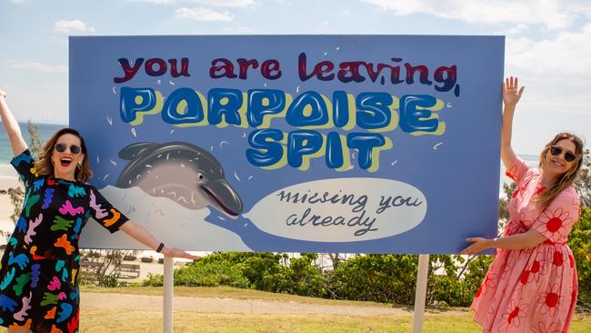 Stefanie Jones, who plays Rhonda, and Natalie Abbott, who plays Muriel, in Muriel's Wedding were in town to create the iconic Goodbye, Porpoise Spit scene ahead of Muriel's Wedding The Musical opening at QPAC later this month. Photo: Lauren Panrucker