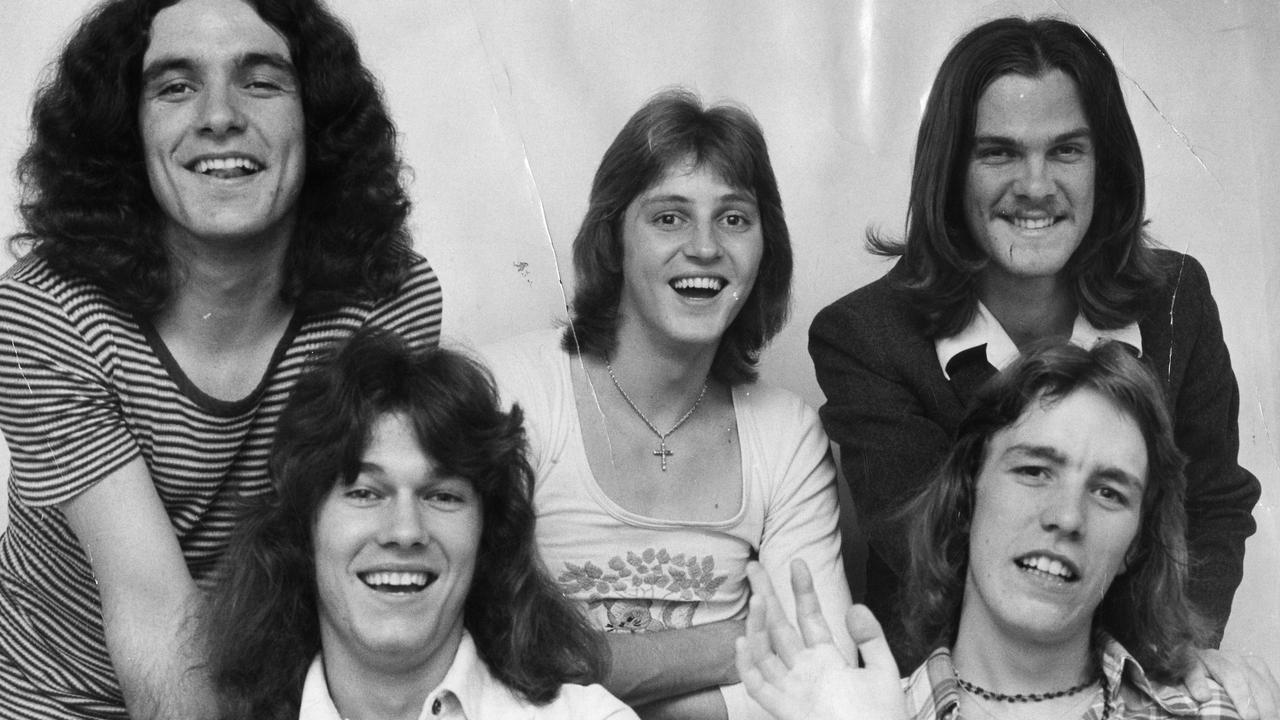 Young Adelaide rock band Cold Chisel pictured in 1974 by an Advertiser photographer.- from left (back row) Ian Moss, Les Kaczmarek, and Don Walker; (front row) Jimmy Barnes and Steve Prestwich.