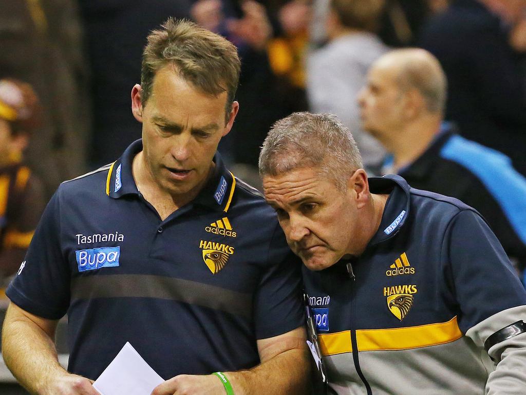 AFL Round 21 – Hawthorn v Port Adelaide at Etihad Stadium, Coach Alastair Clarkson has a quiet word with Chris Fagan after the match. Melbourne. 21st August 2015. Picture: Colleen Petch.