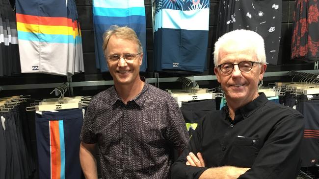 Billabong CEO Neil Fiske and chairman Ian Pollard at the company's Burleigh headquarters after shareholders voted to sell it to Boardriders Inc. Photo: Kathleen Skene