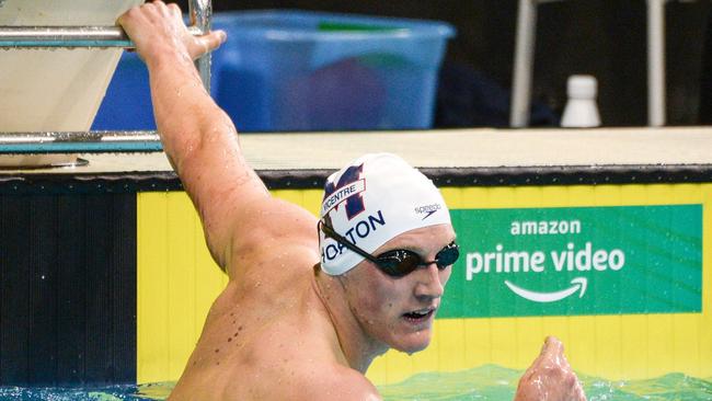 Mack Horton reacts after competing in a men's 400m freestyle heat.