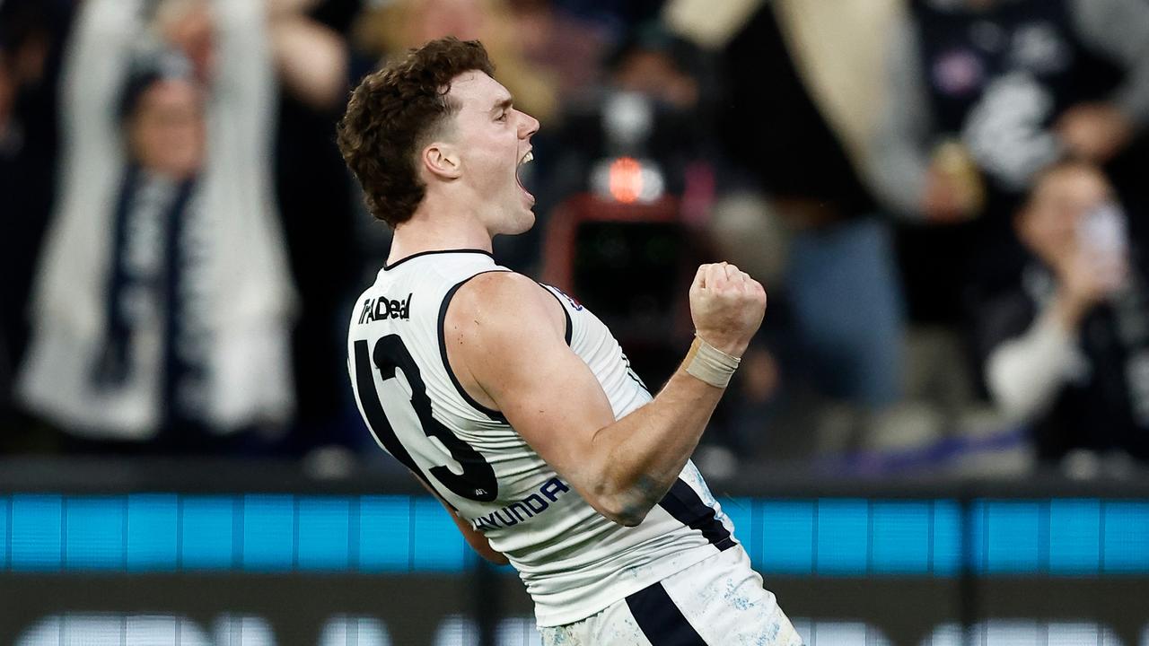 MELBOURNE, AUSTRALIA - SEPTEMBER 15: Blake Acres of the Blues celebrates a goal during the 2023 AFL First Semi Final match between the Melbourne Demons and the Carlton Blues at Melbourne Cricket Ground on September 15, 2023 in Melbourne, Australia. (Photo by Michael Willson/AFL Photos via Getty Images)