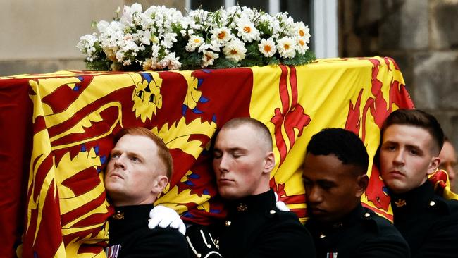 Members of the Royal Regiment carry the Queen’s coffin at the Palace of Holyroodhouse in Edinburgh. Picture: Getty Images