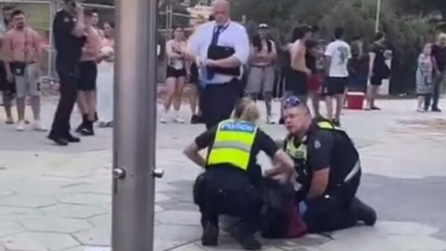 Police at the scene of the stabbing in St Kilda. Picture: Supplied