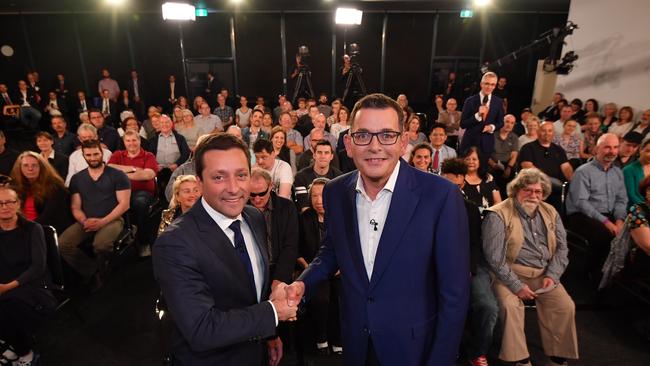 Premier Dan Andrews and Opposition Leader Matthew Guy shake hands before the debate. Picture: Jason Edwards