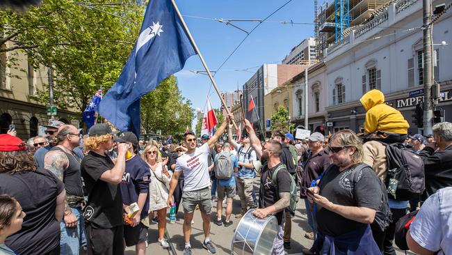 There are large crowds at the protest and counter-protest. Picture: Jason Edwards