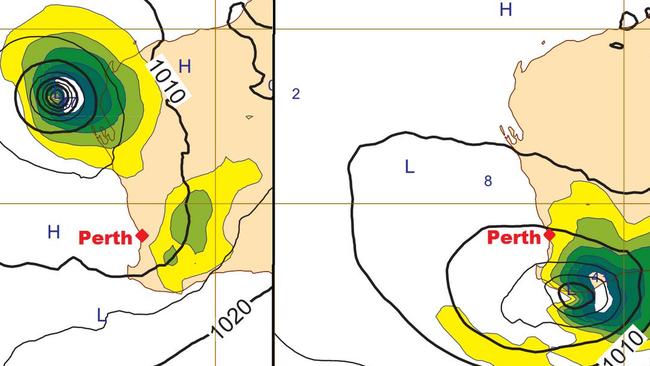 Worst case scenario: This computer model shows the cyclone making its way down the coast to Perth. Picture: iCyclone