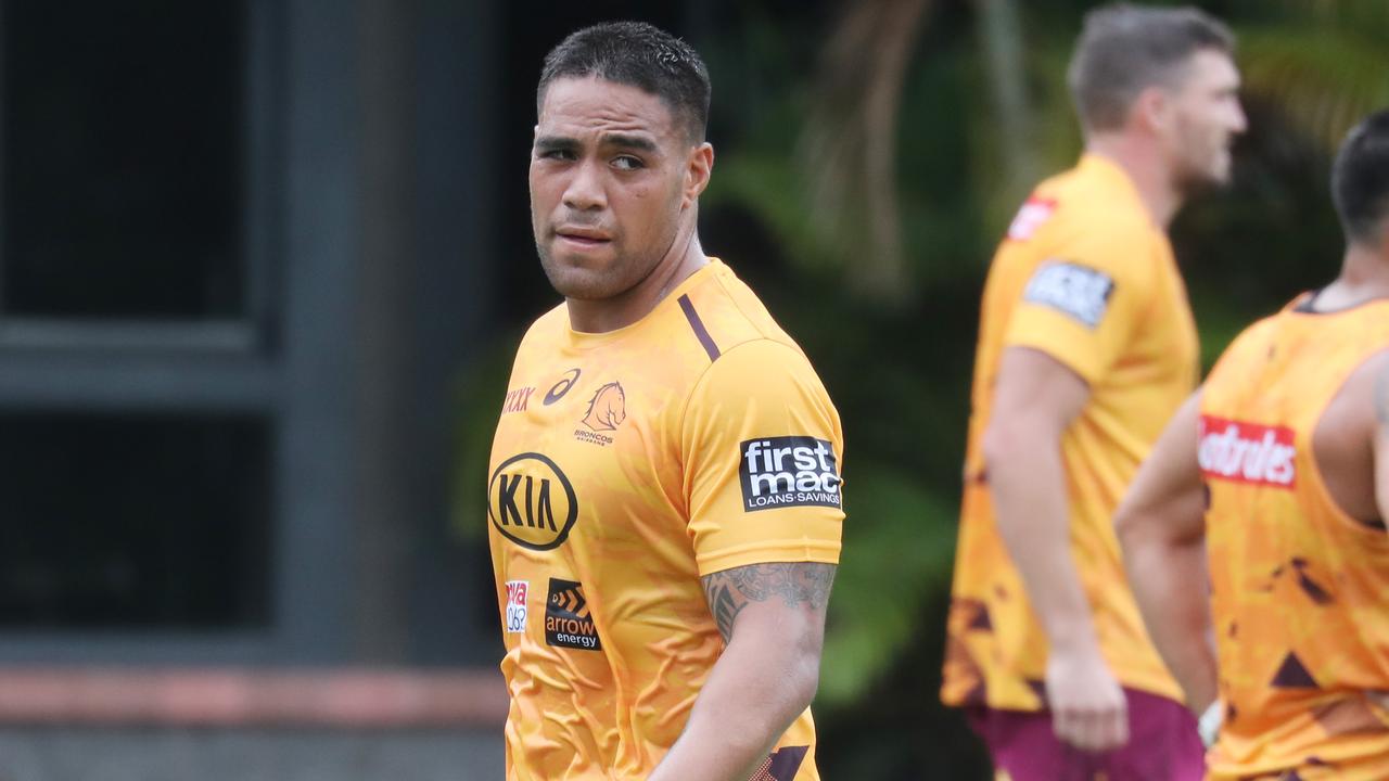 Joe Ofahengaue at Broncos training on the bottom field. Pic Annette Dew