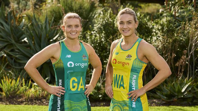 Promotional photos for the Diamonds show the taped-over Vitality logos. (Photo by Graham Denholm/Getty Images for Netball Australia)