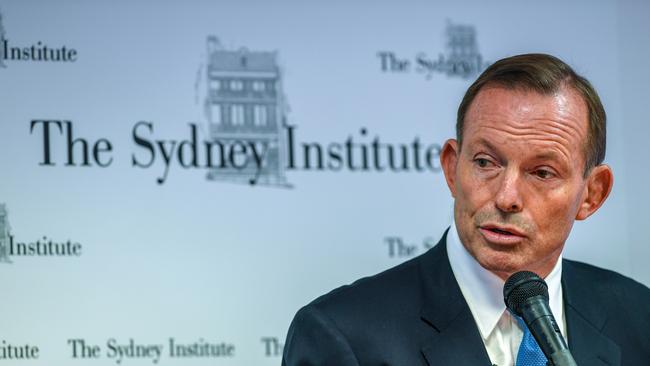 Former prime minister Tony Abbott addresses the Sydney Institute on Tuesday, February 20, 2018. (AAP Image/Brendan Esposito) NO ARCHIVING