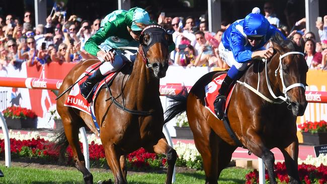 Humidor (left) pushes Winx in last year’s Cox Plate. Picture: Getty Images