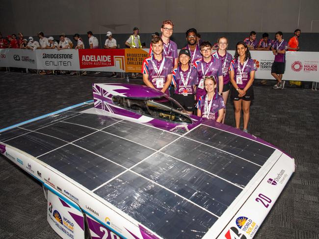 Duhram University Solar Car Team 20 UK Back row: Luke Deacon, Anithiran Sathananthan, Caitlin Musto, Vedika Bedi, middle row: Brian Rowlands, Nicola Ho, Mathew Tomlinson and front: Catherine Flanders ahead of the 2023 Bridgestone World Solar Challenge. Picture: Pema Tamang Pakhrin.