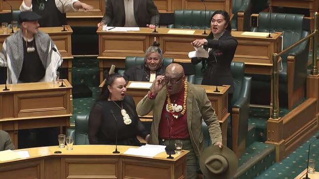 The Maori Party disrupts parliament with a Haka over the Treaty Principles Bill.