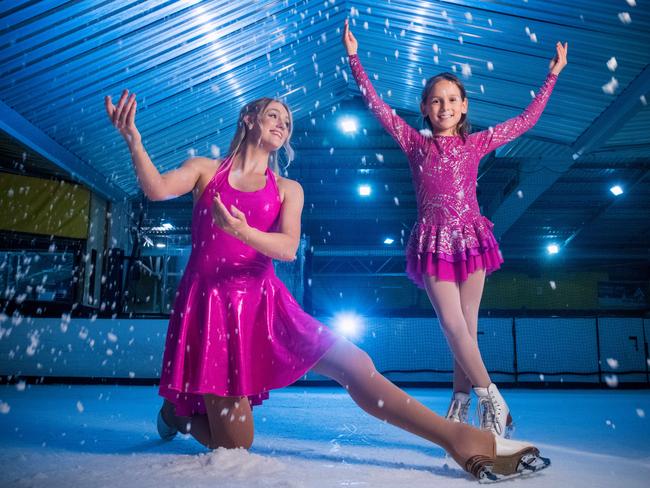 23/01/19 - Figure skater Kalia Kordek, 9, (Mum Liz 0411 692 909) with her coach Melissa Tyson, 26, (0487 426 001) who will compete in the Australian Supermodel of the year finals in Bali next week.  Pictured escaping the heat at the Adelaide Ice Arena.Picture: Mariana Matos