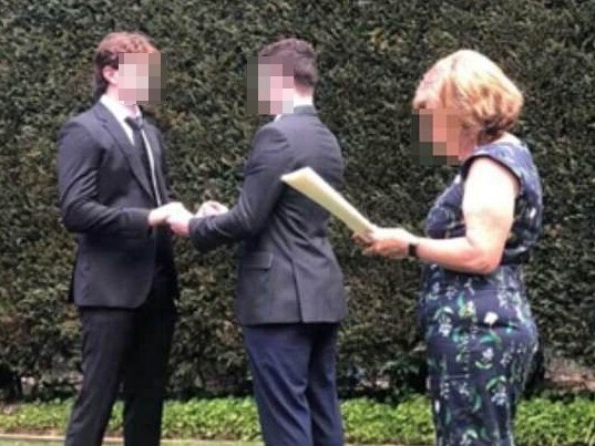 The two young men from who staged a wedding ceremony in the backyard of a family home on Sydney’s North Shore to skirt NSW Covid gathering restrictions. Picture: @browncardigan/Instagram