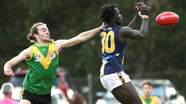 EFL: Beaconsfield’s Jafar Ocaa can’t handle the mark. Picture: Hamish Blair