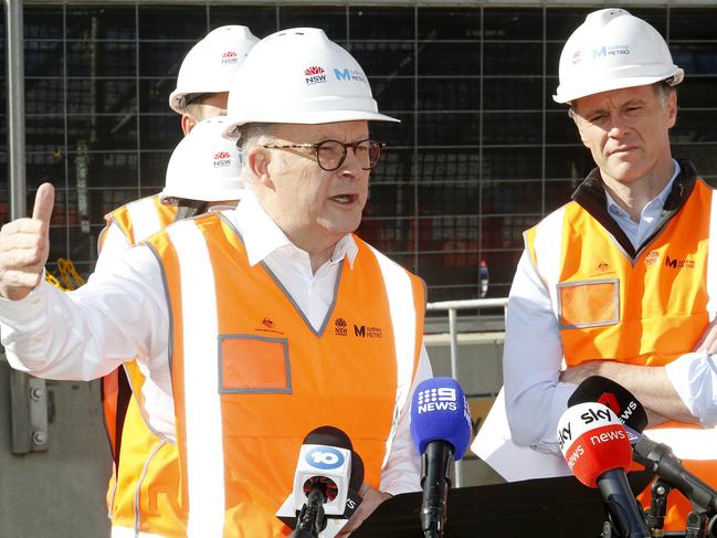 SYDNEY, AUSTRALIA - NewsWire Photos JUNE 12 , 2024: Prime Minister, Anthony Albanese, with the Premier of New South Wales, Chris Minns at a press conference during a visit to the construction site of the new Bradfield station in the Western Sydney Aerotropolis. Picture: NewsWire / John Appleyard