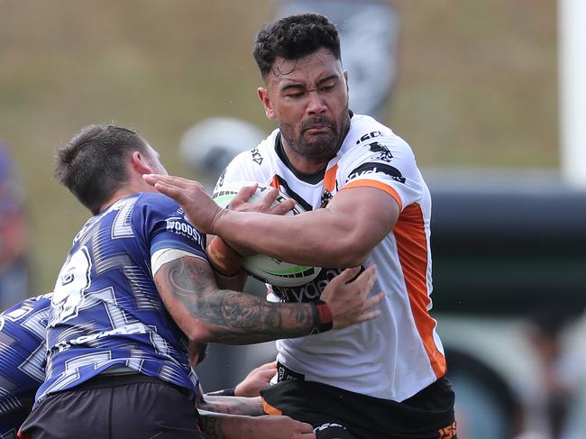 Zane Musgrove made a number of bruising runs for the Wests Tigers in the trial match against the Warriors. Picture: Michael Bradley/Getty Images