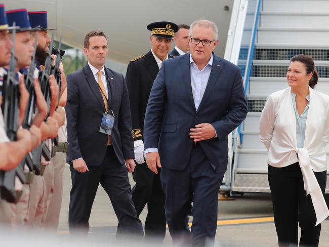 Scott Morrison arrives for the G7 summit in France with his wife Jenny beside him. Picture: Adam Taylor