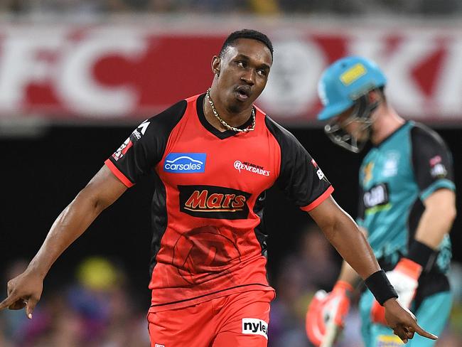 Dwayne Bravo of the Renegades reacts after taking a wicket.