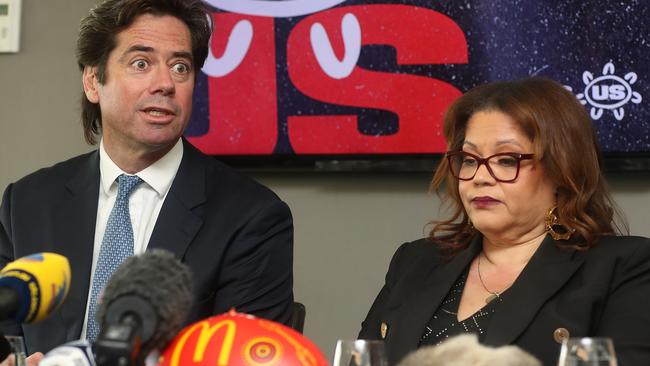 AFL chief executive Gillon McLachlan and Tanya Hosch, AFL executive general manager finance, launch Sir Doug Nicholls Round in Adelaide.