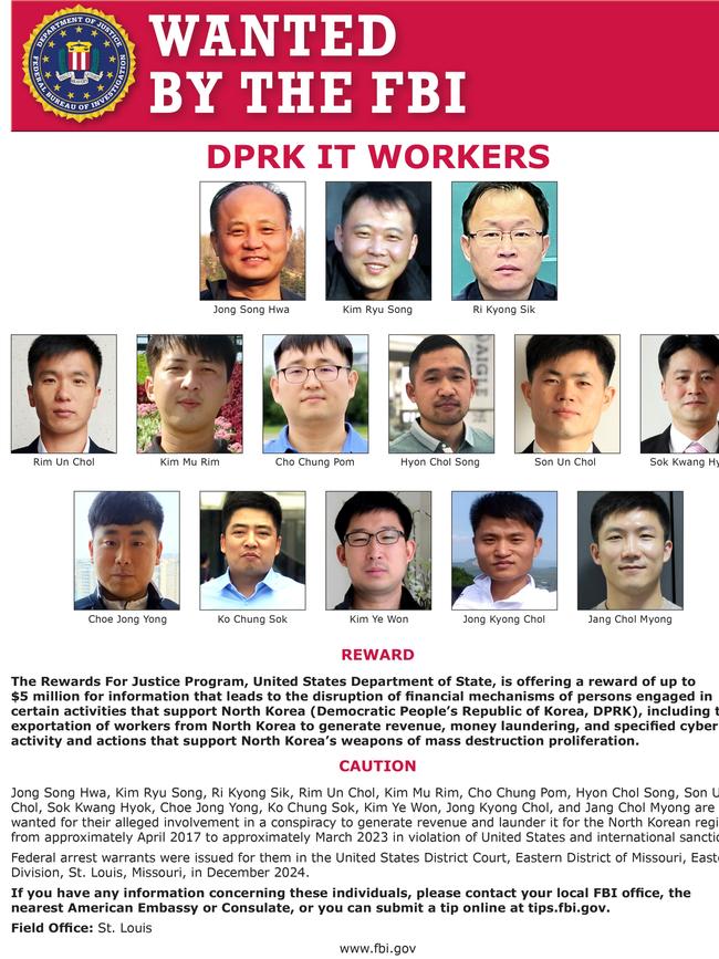 Wanted: The US has issued indictments and a posted a $US5m reward for 14 men over the North Korean IT worker scam.