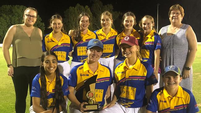 Laura Jonassen (back left) and Jayne Jonassen (back right) presented the Jonassen Family Trophy to the victorious Capricorn Coast Parkana Sharks (back row, from left) Chelsea Williams, Lara Swaffer-Selff, Gabby Macrae, Heidi Swaffer-Selff, Lila Atkinson and (front row) Tasmin Gandhi, Abbey Harvey, Abby Miller and Meg Lanson.