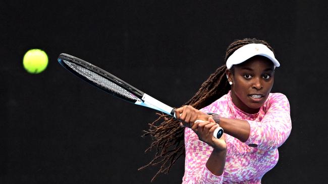 US player Sloane Stephens practising on court in Melbourne on Friday.