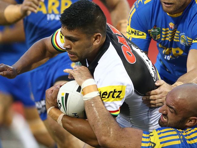 SYDNEY, AUSTRALIA - FEBRUARY 18: Tyrone Peachey of the Panthers is tackled during the NRL Trial match between the Penrith Panthers and Parramatta Eels at Pepper Stadium on February 18, 2017 in Sydney, Australia. (Photo by Mark Metcalfe/Getty Images)
