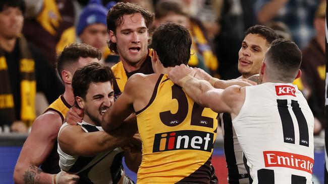 Josh Daicos tangles with Finn Maginness. Picture: Michael Klein.