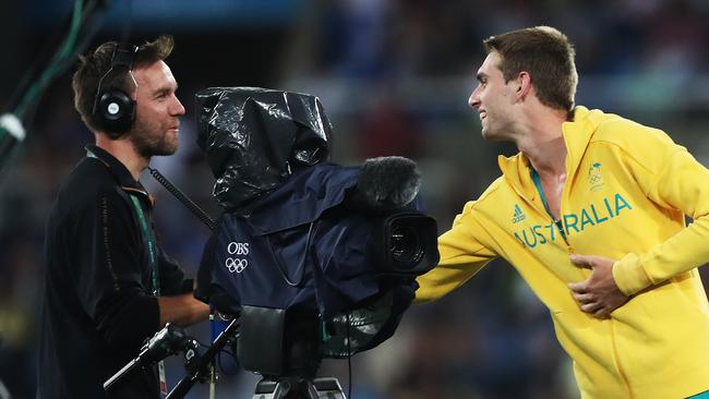 Cedric Dubler apologises to a cameraman he almost hit with the javelin in the Men's decathlon during the Athletics on Day 13 of the Rio 2016 Olympic Games. Picture.