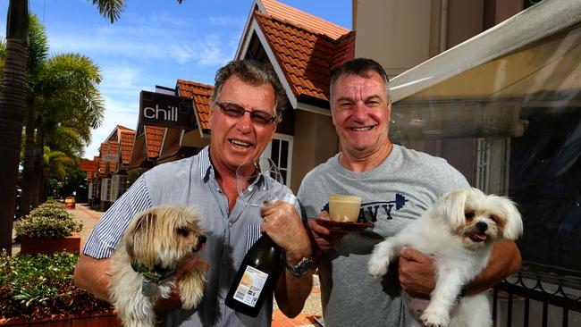 Retired Gold FM breakfast radio king Richard Fowler (left) made a temporary return to the airwaves last week with Gold FM host and fellow Main Beach resident AJ as the Tedder Boys. Photo: David Clark