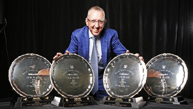 Winx co-owner Peter Tighe with Winx's four Cox Plates. Picture: Zak Simmonds