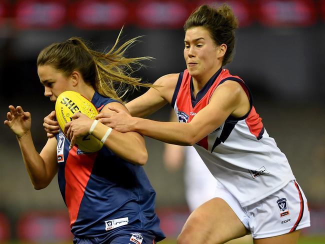 Chloe Molloy and Elizabeth Birch  in action during the  Darebin Falcons v Diamond Creek VFL Women's Grand Final at Etihad Stadium in Docklands, Sunday, Sept. 24, 2017. (Picture/Andy Brownbill