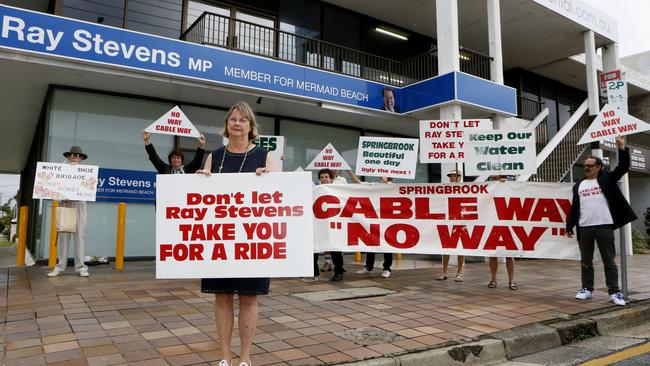 Opponents of the cableway project staging a pop up rally outside MP Ray Stevens’ office. Picture: JERAD WILLIAMS