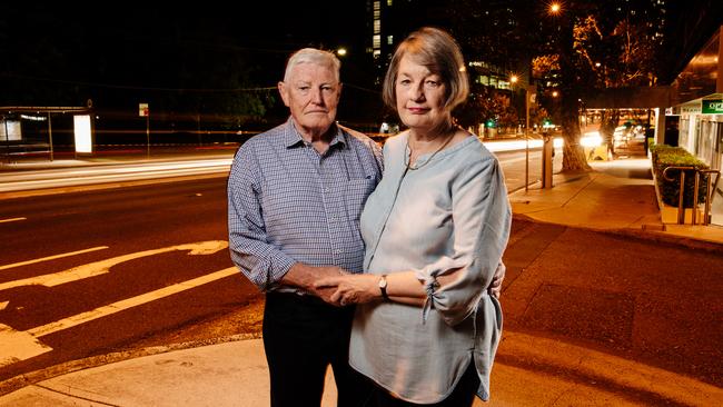 Stephen and Karen Breckenridge at the scene of their son’s horrific murder. Picture: Jonathan Ng