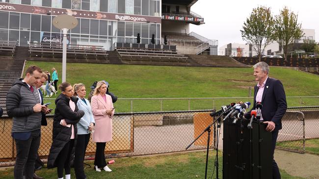 Hawks President Andy Gowers speaks to the media at Waverley Park on Wednesday. (Photo by Robert Cianflone/Getty Images)