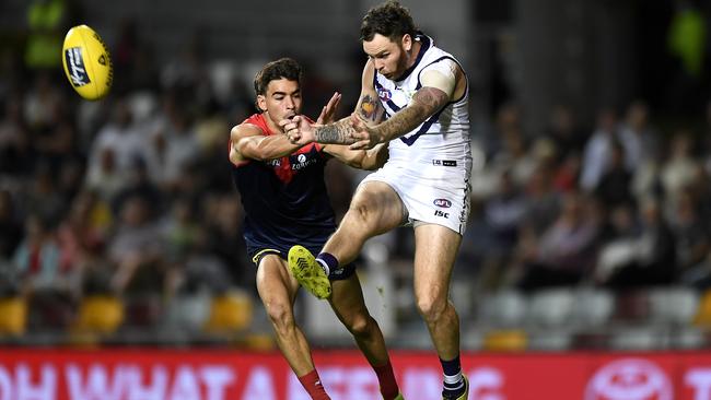 Fremantle’s Nathan Wilson kicks ahead during the Dockers’ 6.11 (47) to 4.9 (33) win over Melbourne at Cazaly’s Stadium in Cairns on Monday night. Picture: Getty Images