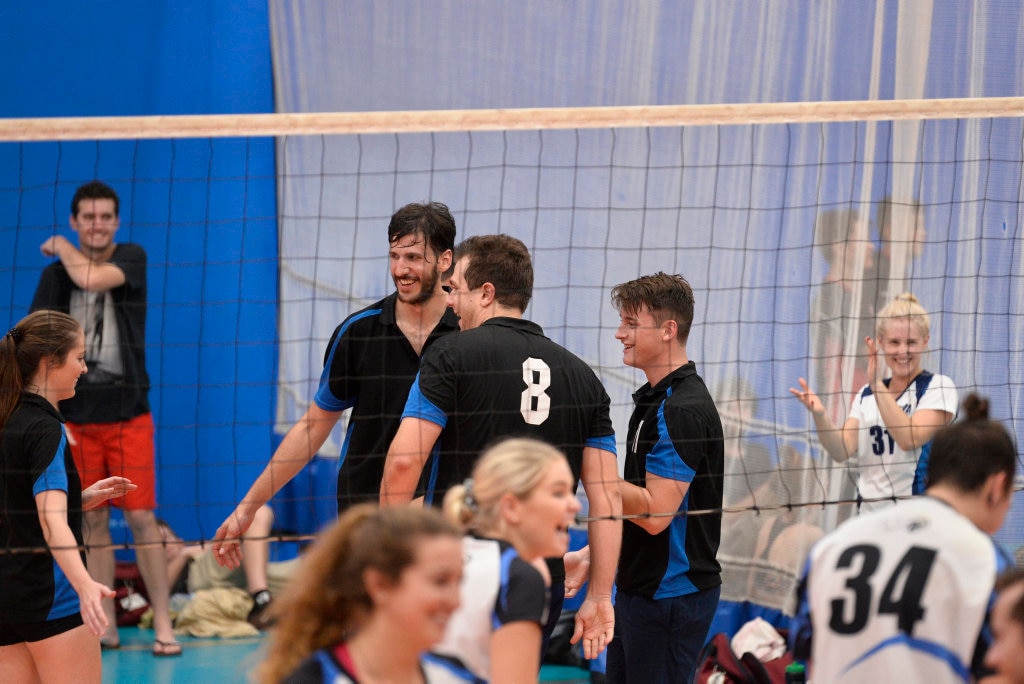 Remember the Titans celebrate a point against Brisbane Volleyball Club in the final of the Clash of the Titans volleyball tournament at Harristown State High School gym, Sunday, February 25, 2018. Picture: Kevin Farmer