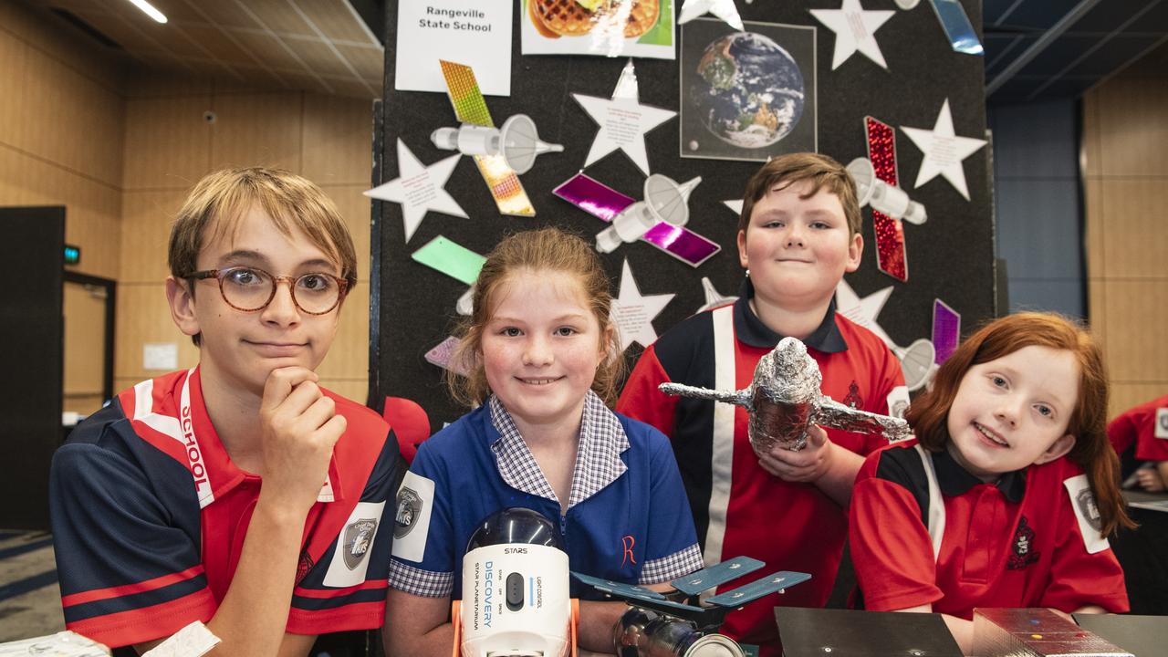 Rangeville State School students of team Wafflemaaa (from left) Felix Wuersching, Mia Hines, Flynn Elsworth and Emily Sheather show their satellite project as part of Kids in Space Queensland finals and showcase at Edmund Rice Cultural Centre St Mary's College, Friday, June 7, 2024. Picture: Kevin Farmer