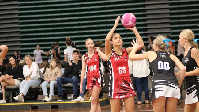 Shalom College's (Bundaberg) Sophia Galati (GS) in action. Photo: David Bond.