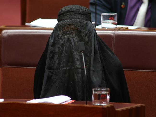 Pauline Hanson in a black burqa in the Senate, August 17, 2017. Picture: Gary Ramage