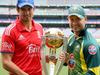 Australia and England cricket training at MCG,Picture Wayne Ludbey. Michael Clarke and Alastair Cook with the World Cup,