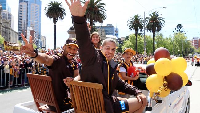 Hawthorn’s Lance Franklin and Josh Gibson in 2013. Picture: HWT Library.