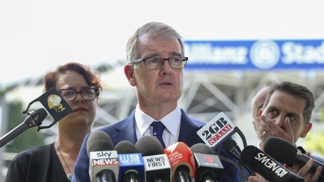 NSW deputy Labor leader, Penny Sharpe, Labor leader, Michael Daley, and Ryan Park, Labor shadow treasurer, on the election campaign at Allianz Stadium today.Picture: Justin Lloyd.