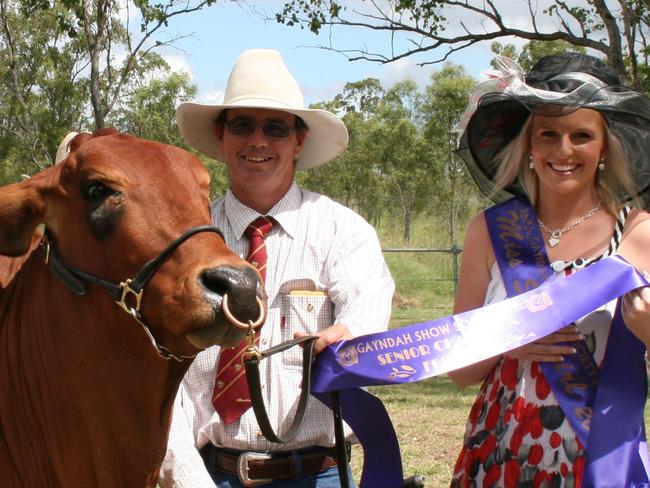 2011 Gayndah Showgirl Brittney Gillis with Braham Stud Mundubbera owner Clint Whitaker and Whitaker Miss Ruby Red who won senior Champion female at the recent show. Photo Rose Reed / Central & North Burnett Times