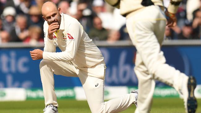 Lyon gestures while bowling during an Ashes Test.