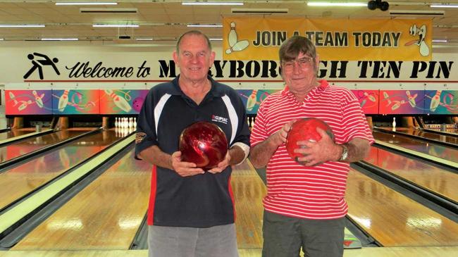 John Hoffmann (left) and Dave Cotter started bowling when Sugar Coast Lanes first opened in September 1984 and are still active members of the centre now known as Maryborough Ten Pin. Picture: contributed