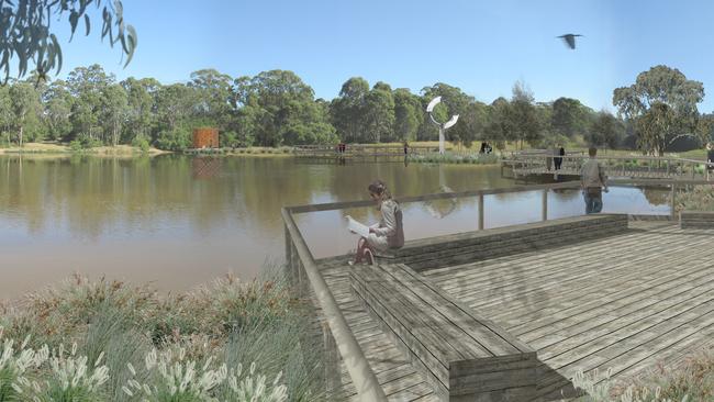 Artist’s impression of the lake and boardwalk at the proposed Macarthur Memorial Park in Varroville.